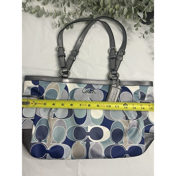 Coach Signature Op Art Scarf Print Blue Sateen Gallery Tote Handbag - Picture 10 of 12